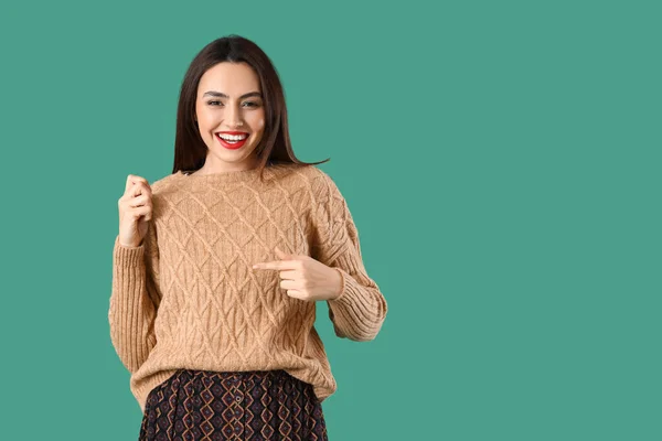 Pretty Young Woman Warm Sweater Color Background — Stock Photo, Image