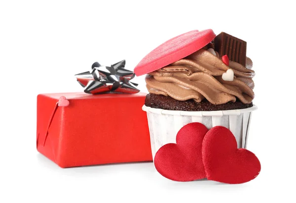 Tasty Chocolate Cupcake Gift Box Valentine Day White Background — Stock Photo, Image