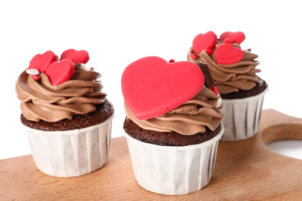 Wooden Board Tasty Chocolate Cupcakes Valentine Day White Background — Stockfoto