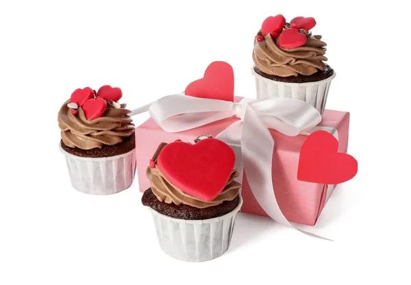 Tasty Chocolate Cupcakes Gift Box Valentine Day White Background — Stock Photo, Image