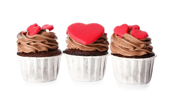 Sabrosos Cupcakes Chocolate Para Día San Valentín Sobre Fondo Blanco — Foto de Stock