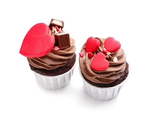 Tasty Chocolate Cupcakes Valentine Day White Background — Stock Photo, Image