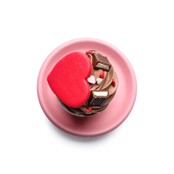Plate Tasty Chocolate Cupcake Valentine Day White Background — Stock Photo, Image