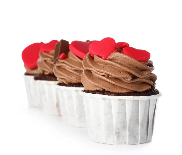 Tasty Chocolate Cupcakes Valentine Day White Background — Stockfoto