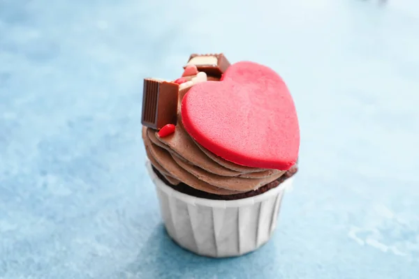 Tasty Chocolate Cupcake Valentine Day Blue Background — Stock Photo, Image