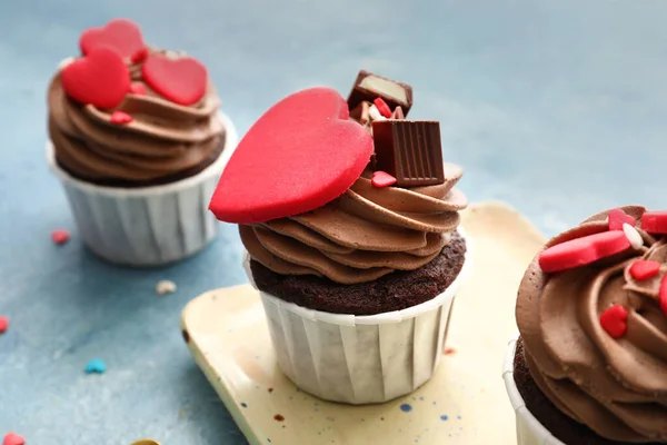 Plate Tasty Chocolate Cupcakes Valentine Day Blue Background — Stockfoto