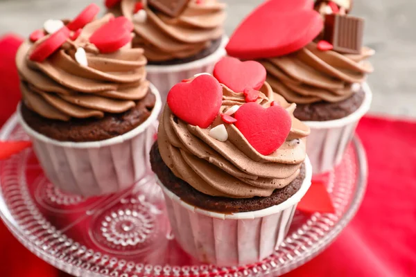 Stand Tasty Chocolate Cupcake Valentine Day Table Closeup — Stockfoto