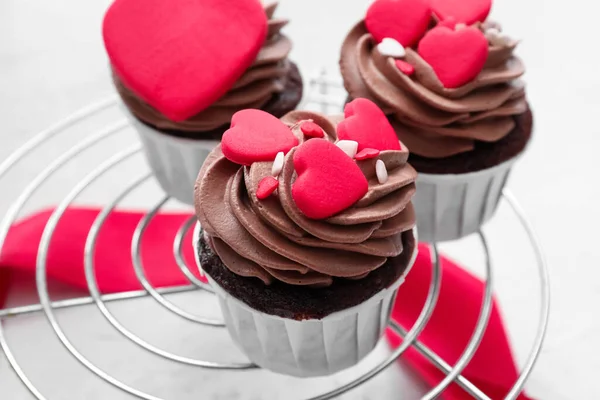 Grid Tasty Chocolate Cupcakes Valentine Day White Background — Stock Photo, Image