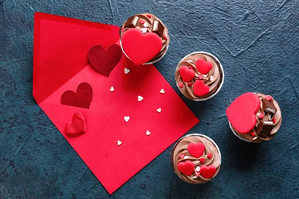 Tasty Chocolate Cupcakes Valentine Day Envelope Black Background — Fotografia de Stock