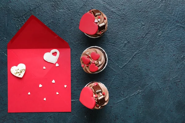 Tasty Chocolate Cupcakes Valentine Day Envelope Black Background — стокове фото