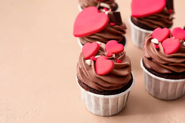 Tasty Chocolate Cupcakes Valentine Day Beige Background — Stockfoto
