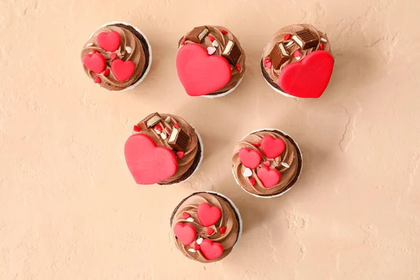 Tasty Chocolate Cupcakes Valentine Day Beige Background — Zdjęcie stockowe