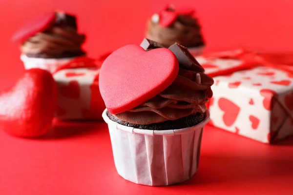 Tasty Chocolate Cupcake Valentine Day Red Background — Stock Photo, Image