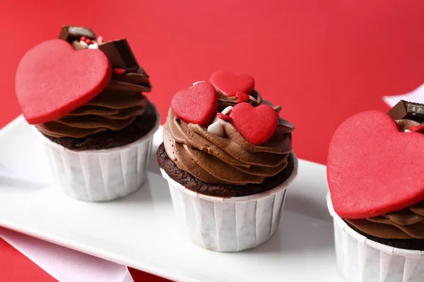 Plate Tasty Chocolate Cupcakes Valentine Day Red Background Closeup — Zdjęcie stockowe