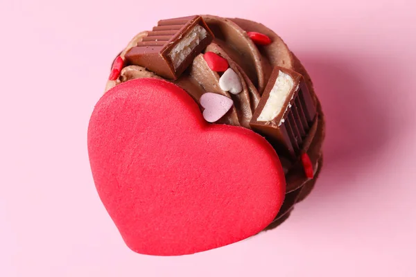 Tasty Chocolate Cupcake Valentine Day Pink Background — Stock Photo, Image
