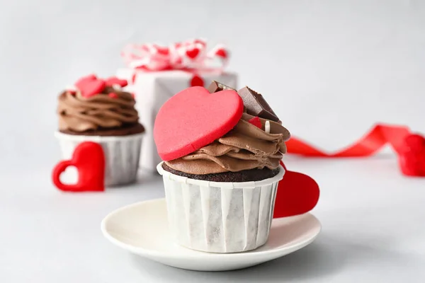 Tasty Chocolate Cupcakes Valentine Day Light Background — Stock Photo, Image