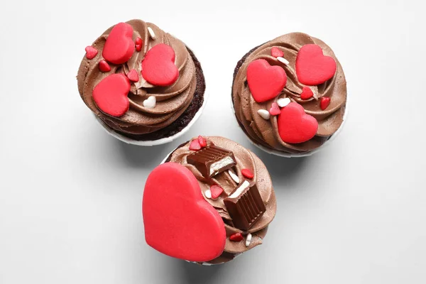 Tasty Chocolate Cupcakes Valentine Day Light Background — Stockfoto