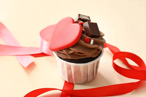 Tasty Chocolate Cupcake Valentine Day Beige Background — Stock Photo, Image