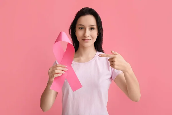 Young Woman Ribbon Pink Background Breast Cancer Awareness Concept — Stock Photo, Image