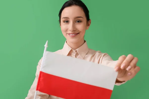 Gyönyörű Fiatal Zászló Lengyelország Színes Háttér — Stock Fotó