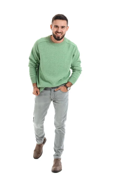 Schöner Junger Mann Warmen Pullover Auf Weißem Hintergrund — Stockfoto