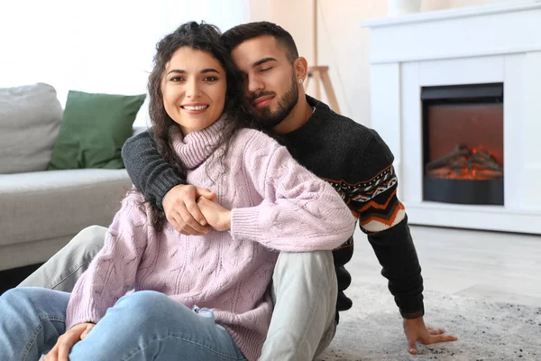 Happy Young Couple Wearing Warm Sweaters Home — Stock Photo, Image
