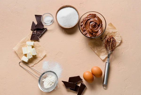 Frame Made Ingredients Preparing Chocolate Brownie Beige Background — Stock Photo, Image