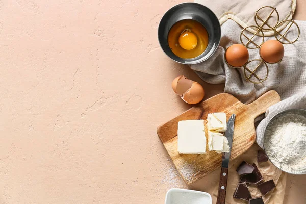 Wooden Board Butter Ingredients Preparing Chocolate Brownie Beige Background — Stock Photo, Image