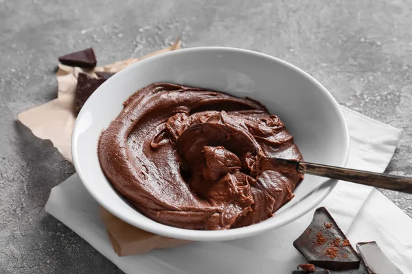 Bowl Fresh Dough Preparing Chocolate Brownie Grey Background — Stock Photo, Image