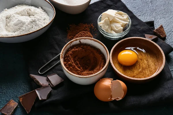 Bowl Cocoa Powder Ingredients Preparing Chocolate Brownie Black Background — Stock Photo, Image