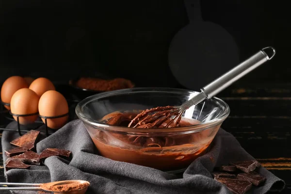 Bowl Fresh Dough Preparing Chocolate Brownie Black Background — Stock Photo, Image