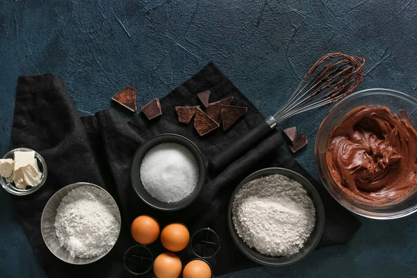Bowl Fresh Dough Ingredients Preparing Chocolate Brownie Black Background — Stock Photo, Image