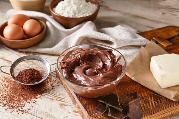 Bowl Fresh Dough Ingredients Preparing Chocolate Brownie White Wooden Background — Stock Photo, Image