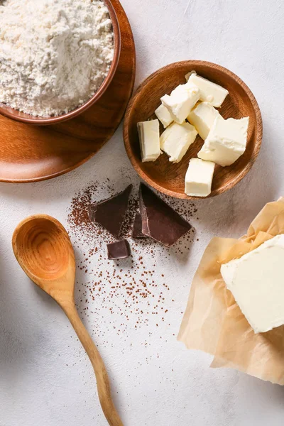 Bowl Pieces Butter Ingredients Preparing Chocolate Brownie White Background — Stock Fotó