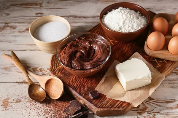 Bowl Fresh Dough Ingredients Preparing Chocolate Brownie White Wooden Background — Stock Photo, Image
