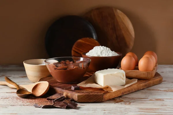 Bowl Fresh Dough Ingredients Preparing Chocolate Brownie Table — Stock Photo, Image