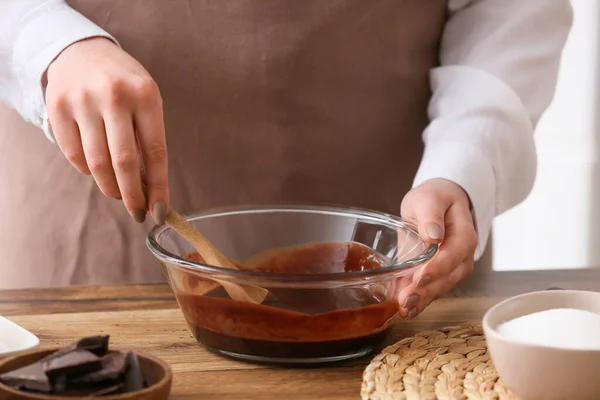 Woman Preparing Chocolate Brownie Kitchen Table Closeup — стоковое фото