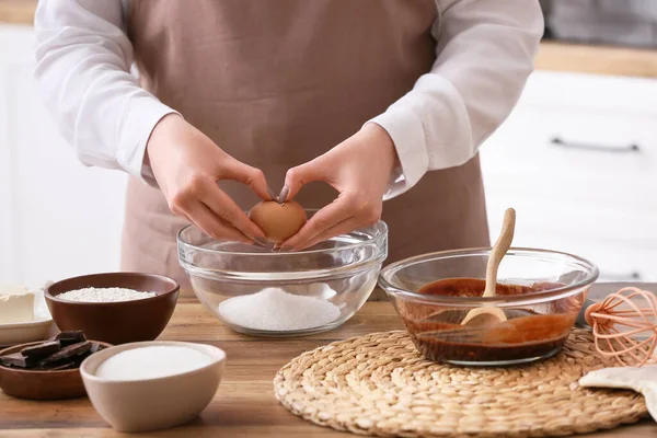 Woman Adding Egg Bowl Preparing Chocolate Brownie Table Kitchen — Photo