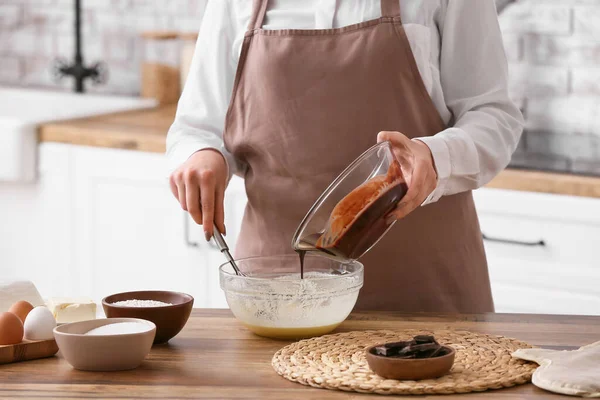 Woman Preparing Chocolate Brownie Kitchen Table Closeup — Stock Fotó