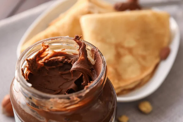 Jar Tasty Chocolate Paste Closeup — Fotografia de Stock