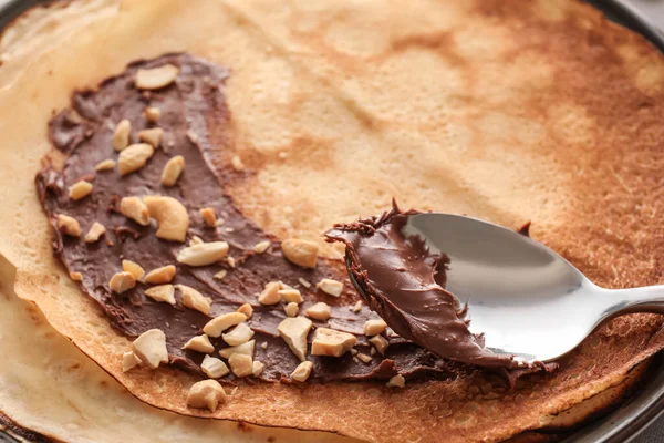 Tasty Thin Pancakes Chocolate Paste Nuts Plate Closeup — Foto de Stock