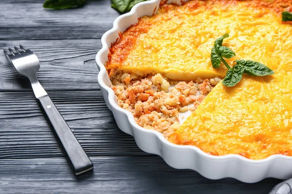 Baking Dish Tasty English Fish Pie Black Wooden Background — Stock Photo, Image