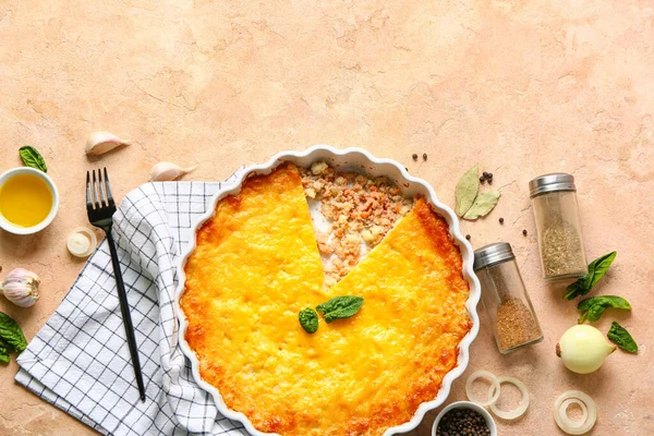 Baking Dish Tasty English Fish Pie Beige Background — Stock Photo, Image