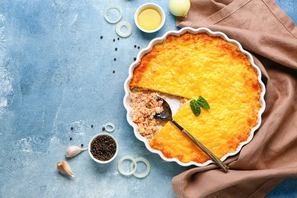 Baking Dish Tasty English Fish Pie Blue Background — Stock Photo, Image