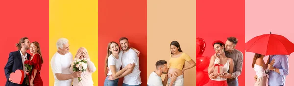 Collage Different Happy Couples Color Background Space Text Valentine Day — Fotografia de Stock