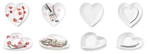 Heard Shaped Plates Cutlery Hearts White Background Valentine Day Celebration — Fotografia de Stock