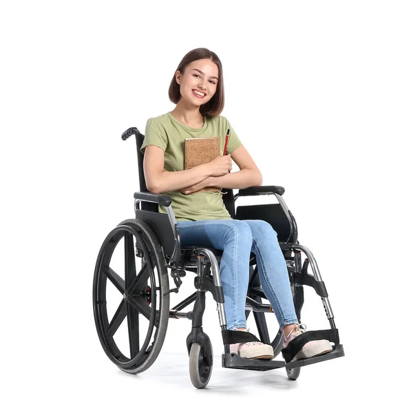 Young Woman Wheelchair Notebook White Background — Stock Photo, Image