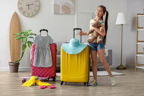 Cute Little Girl Suitcases Belongings Home — Stock Photo, Image