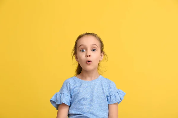 Portrait Surprised Little Girl Yellow Background — Stock Photo, Image