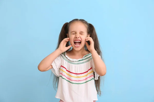 Portrait Angry Little Girl Ponytails Blue Background — Stock Photo, Image